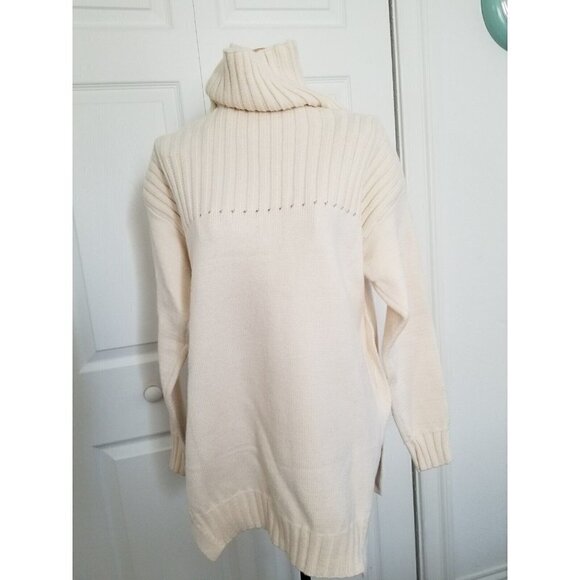 SIDE SLIT TURTLENECK EYELET DETAIL SWEATER SANDSTONE CREAM WOMENS SIZE SMALL - Picture 1 of 10